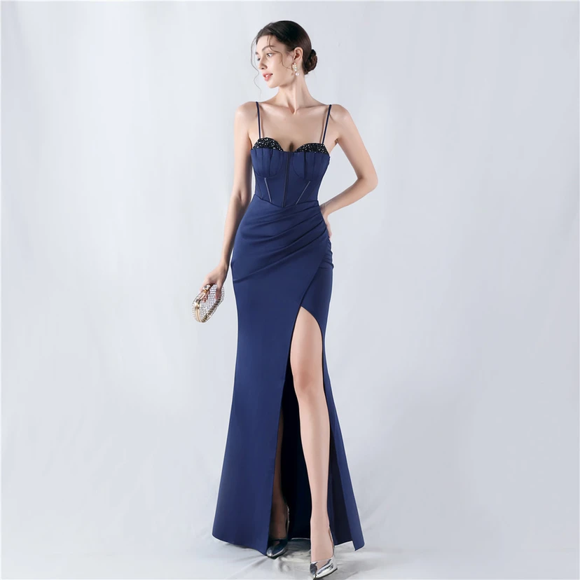 Fishbone Waist Set Crystal Diamond Satin Host Evening Dress view 59