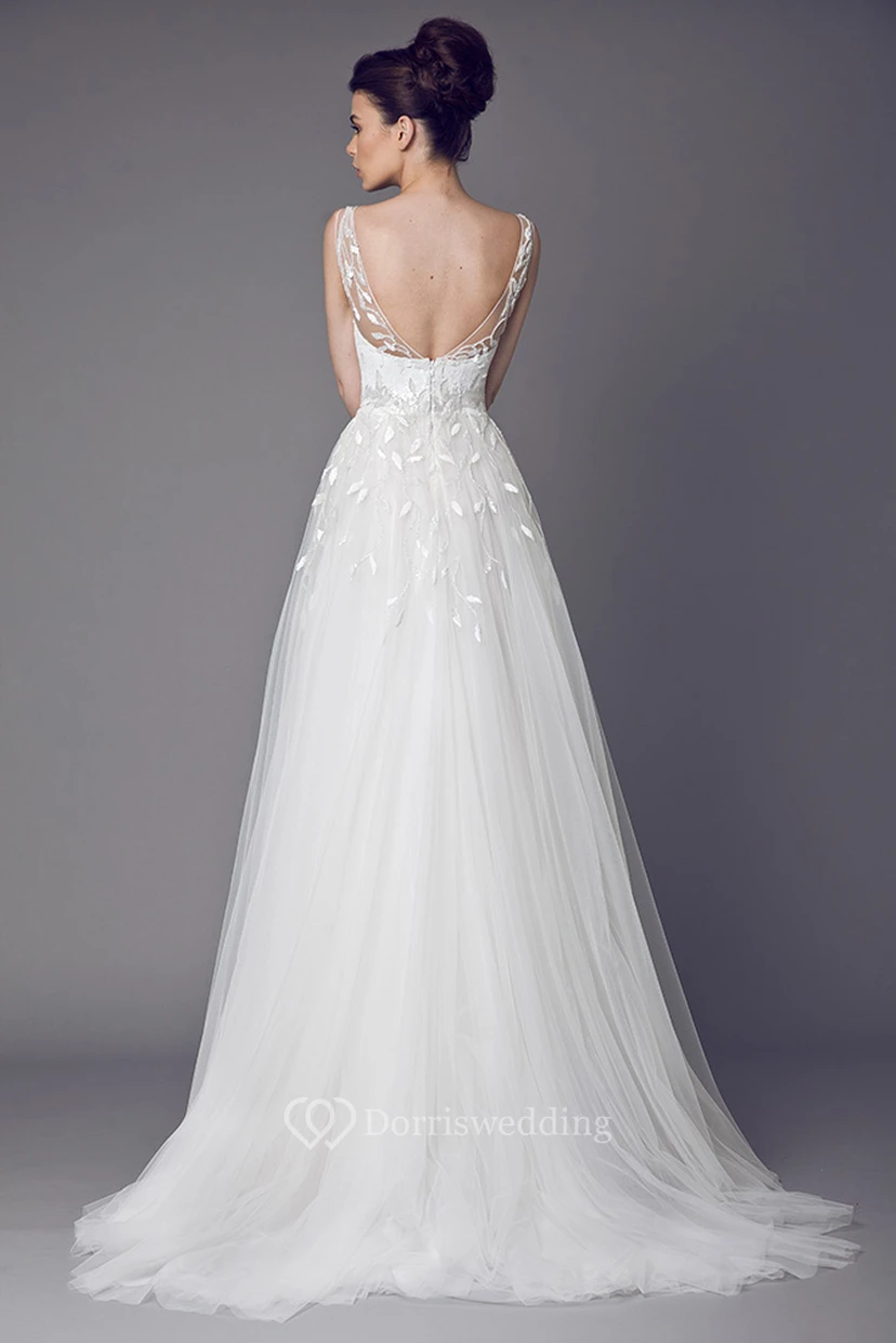 Bateau Maxi Appliqued Tulle Wedding Dress With Sweep Train And V Back view 2