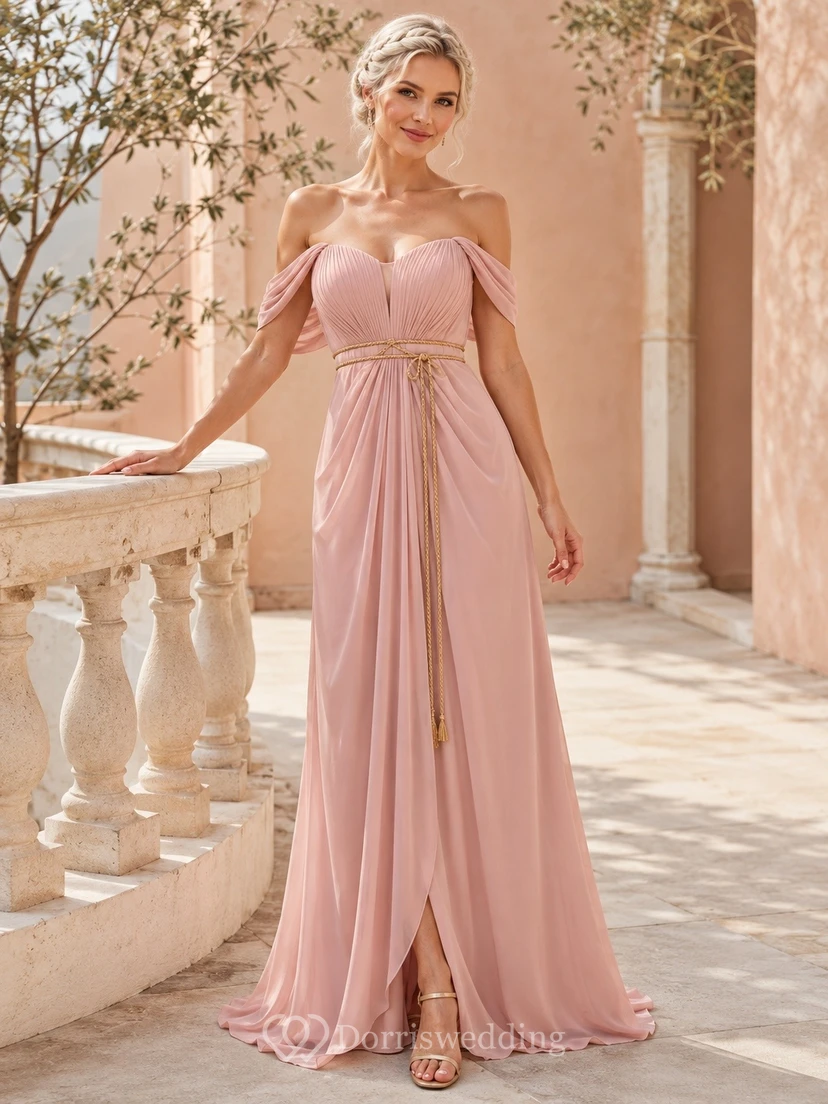 Dusty Rose Off-the-Shoulder Chiffon A-Line Floor Bridesmaid Dress