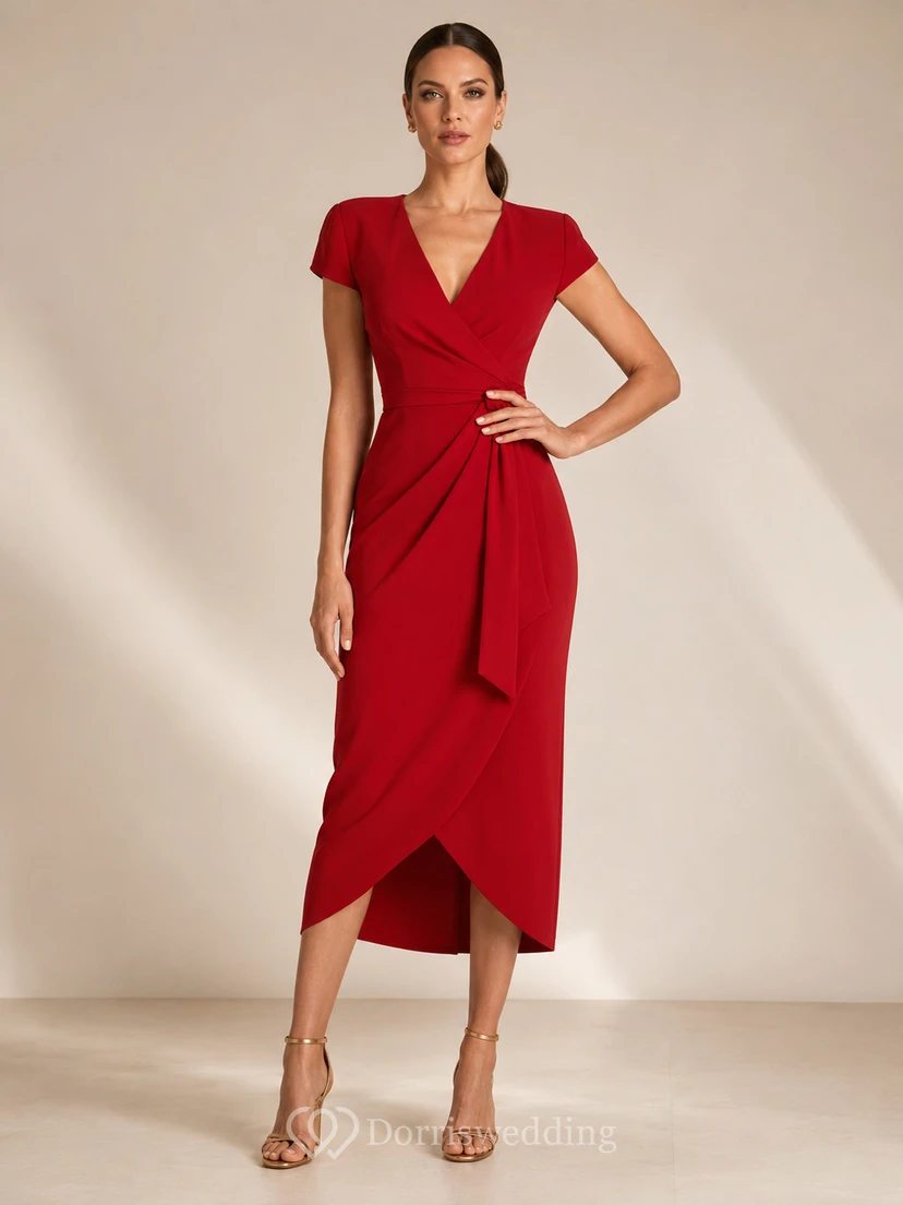 Red Wrap V-neck Tulip Midi Occasion Dress