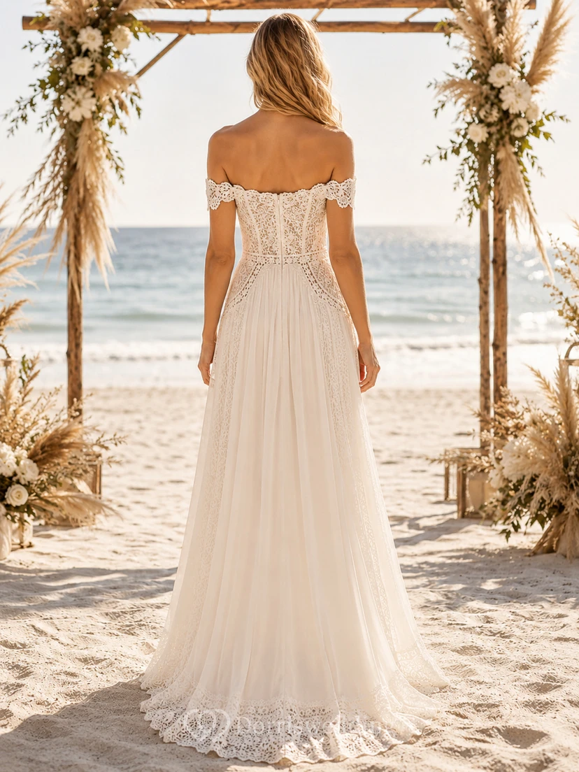Schulterfreies Boho-Strandhochzeitskleid aus Häkelspitze view 2