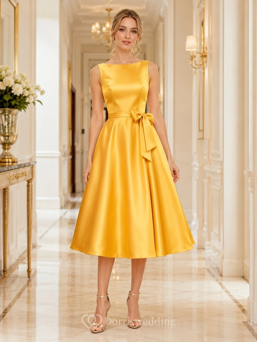 Ärmelloses Blumenmädchenkleid in A-Linie mit goldener Satinschleife und Teelänge