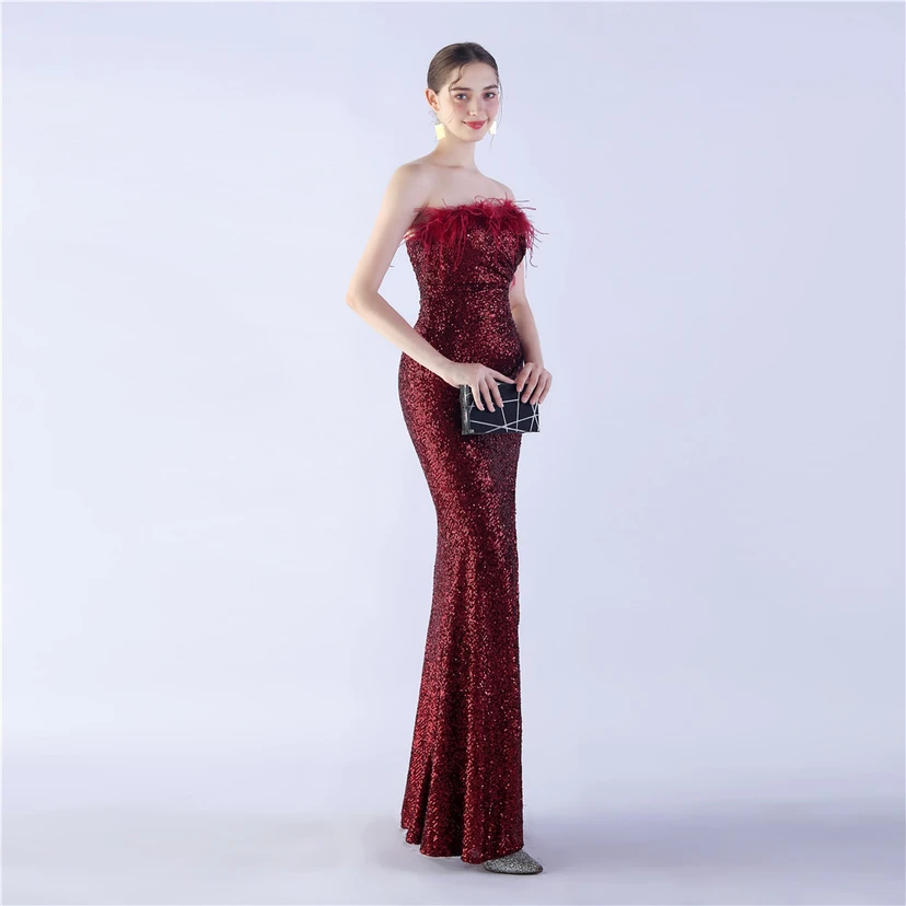 Ostrich Feather Plus Folding And Wrinkling Technology Host Dinner High-End Evening Dress view 40