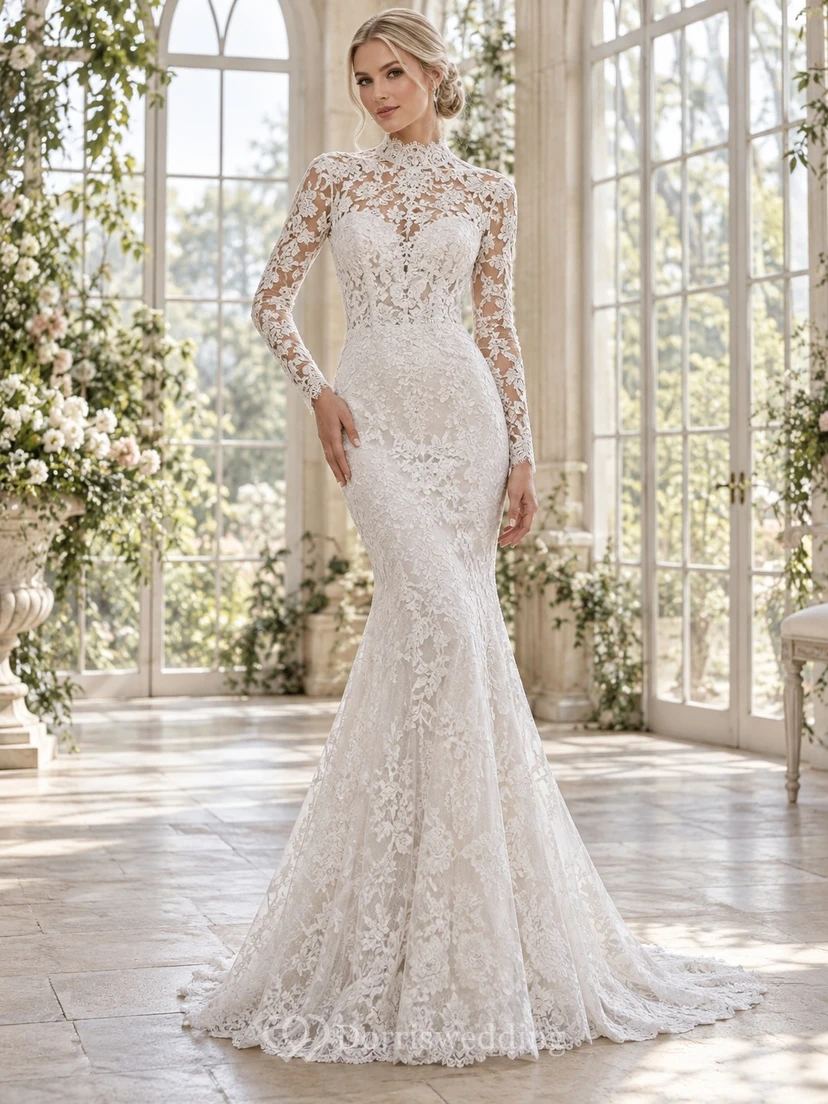 Robe de mariée sirène modeste à col montant, manches longues et traîne en dentelle botanique