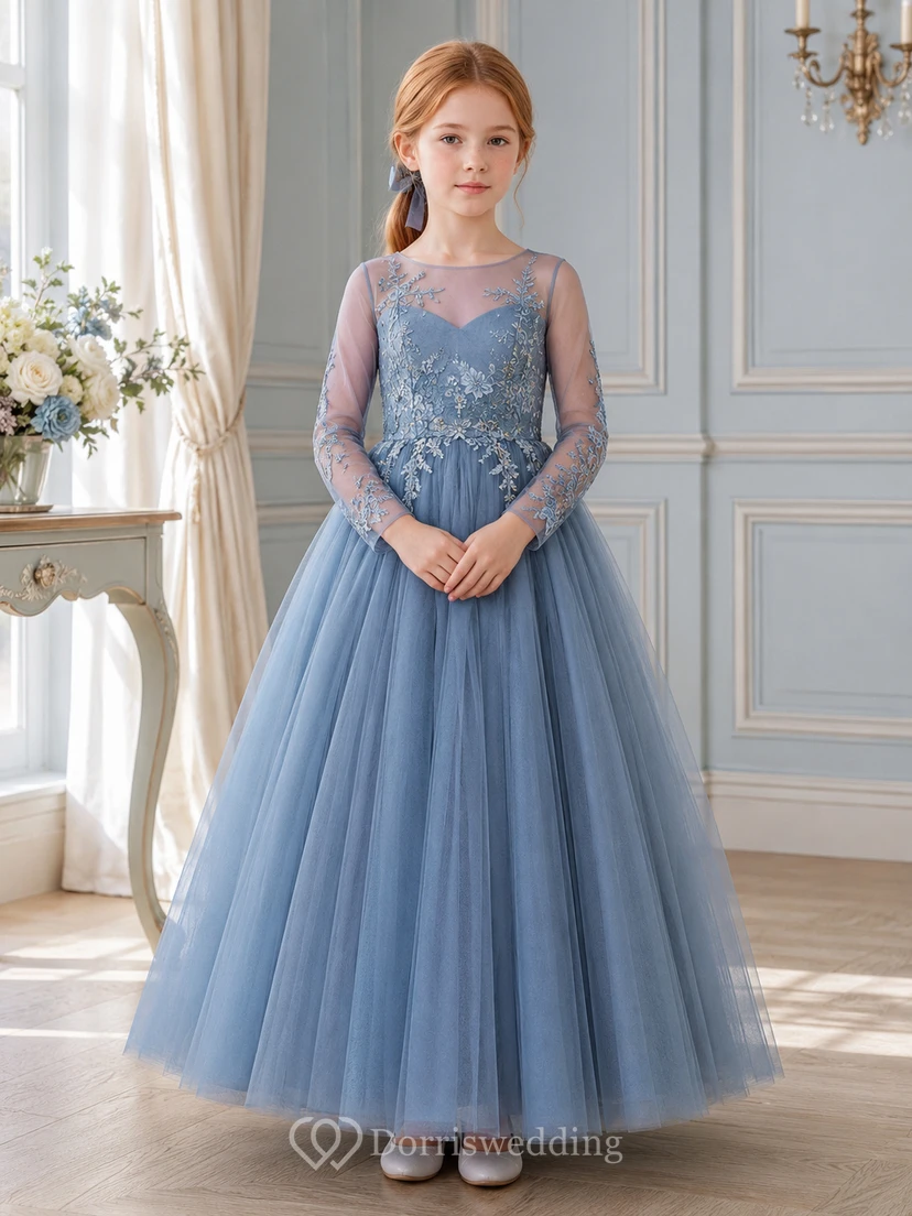 Steel Blue Lace Long Sleeve Tulle Floor-Length A-Line Formal Flower Girl Dress