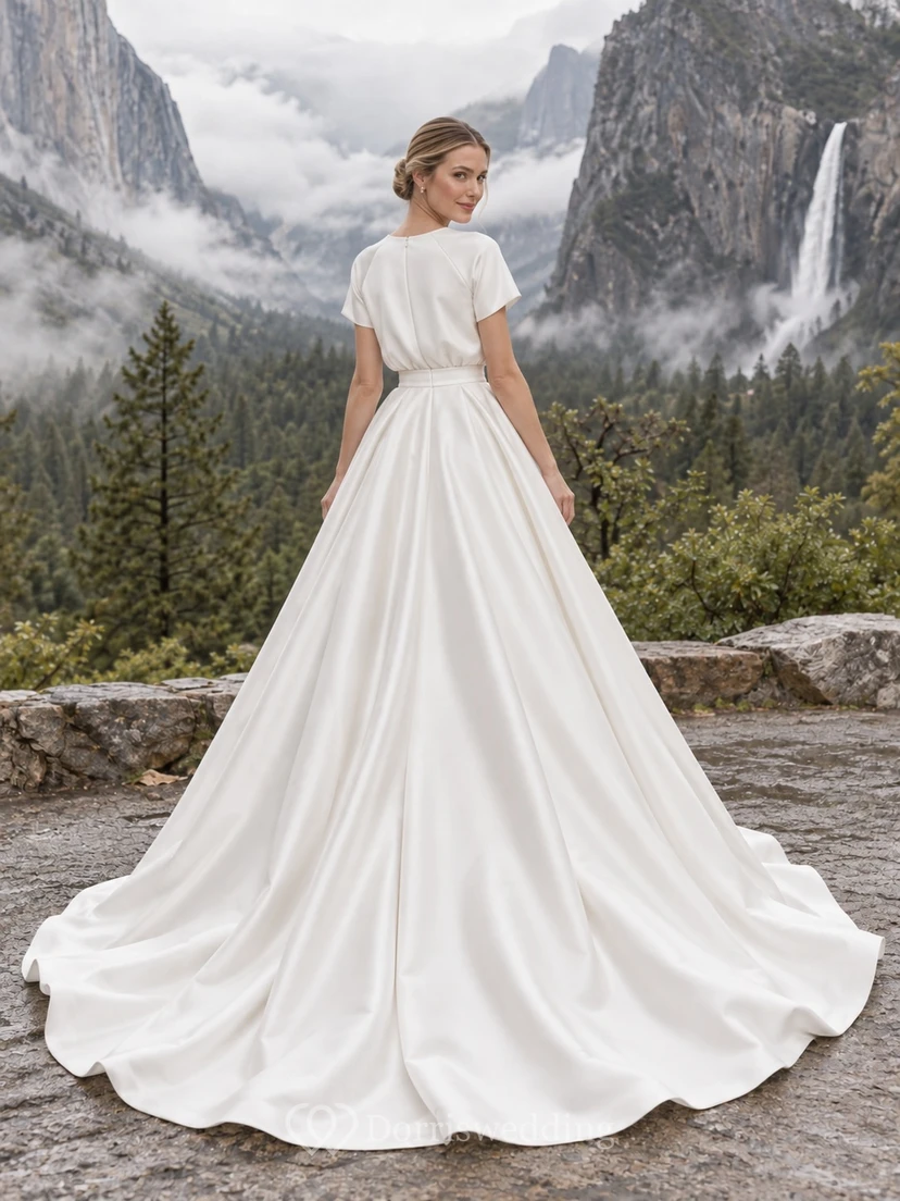 Vestido de novia sencillo de satén fruncido con escote barco y mangas cortas, largo hasta el suelo. view 2