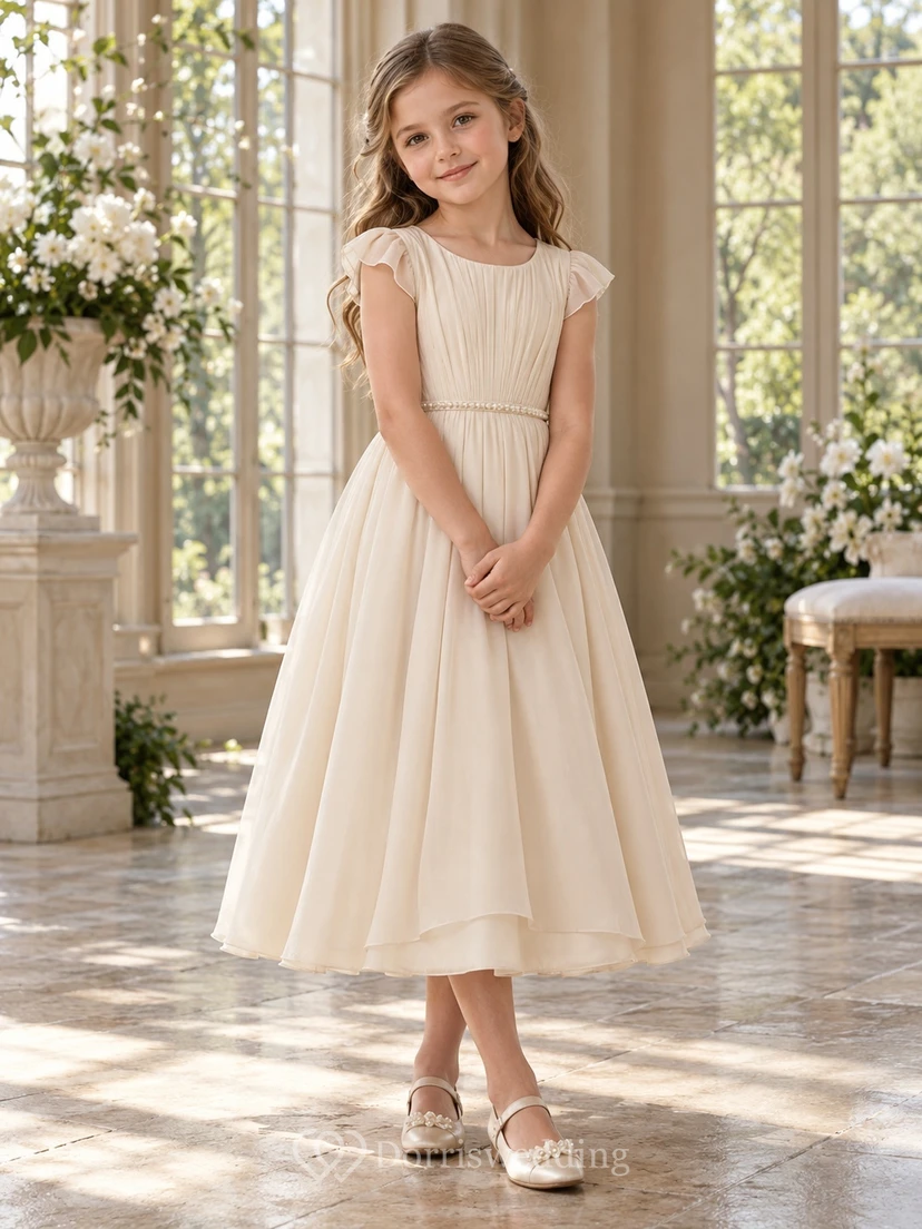 Tea-length Simple Ivory A-line Chiffon Flutter-sleeve Pleated-bodice Bow-back Flower Girl Dress