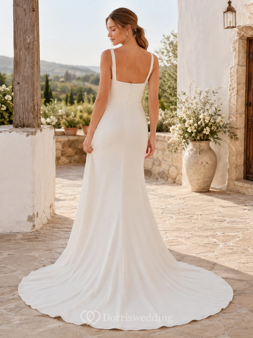 Affordable Modern Square Neck Sleeveless Satin Mermaid Court Train Wedding Dress view 2