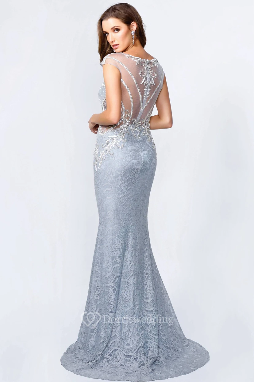 Sheath Maxi Scoop-Neck Cap-Sleeve Lace Illusion Dress With Beading And Appliques view 2