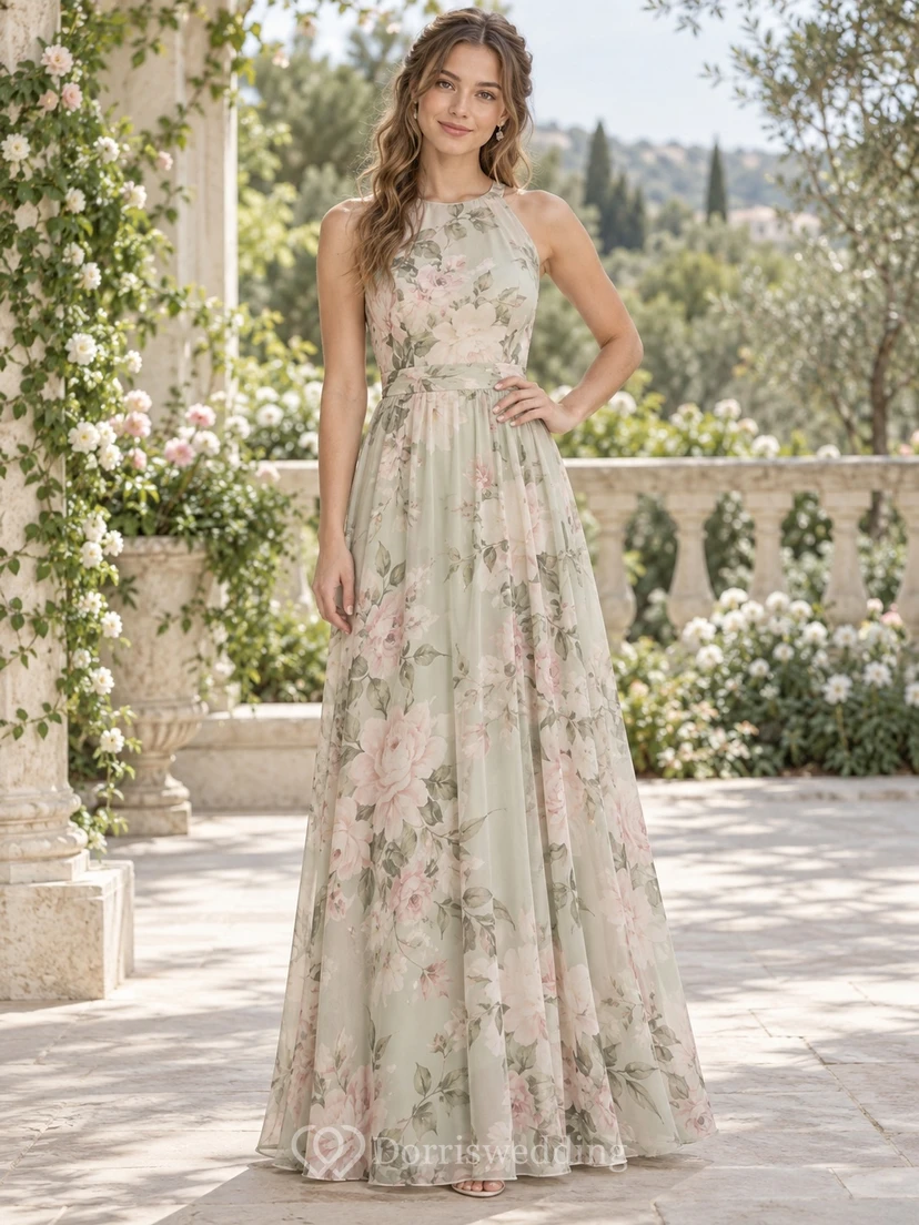 Petite Floral Print Halter-Neck Sleeveless No-Train Floor-Length Chiffon Bridesmaid Dress