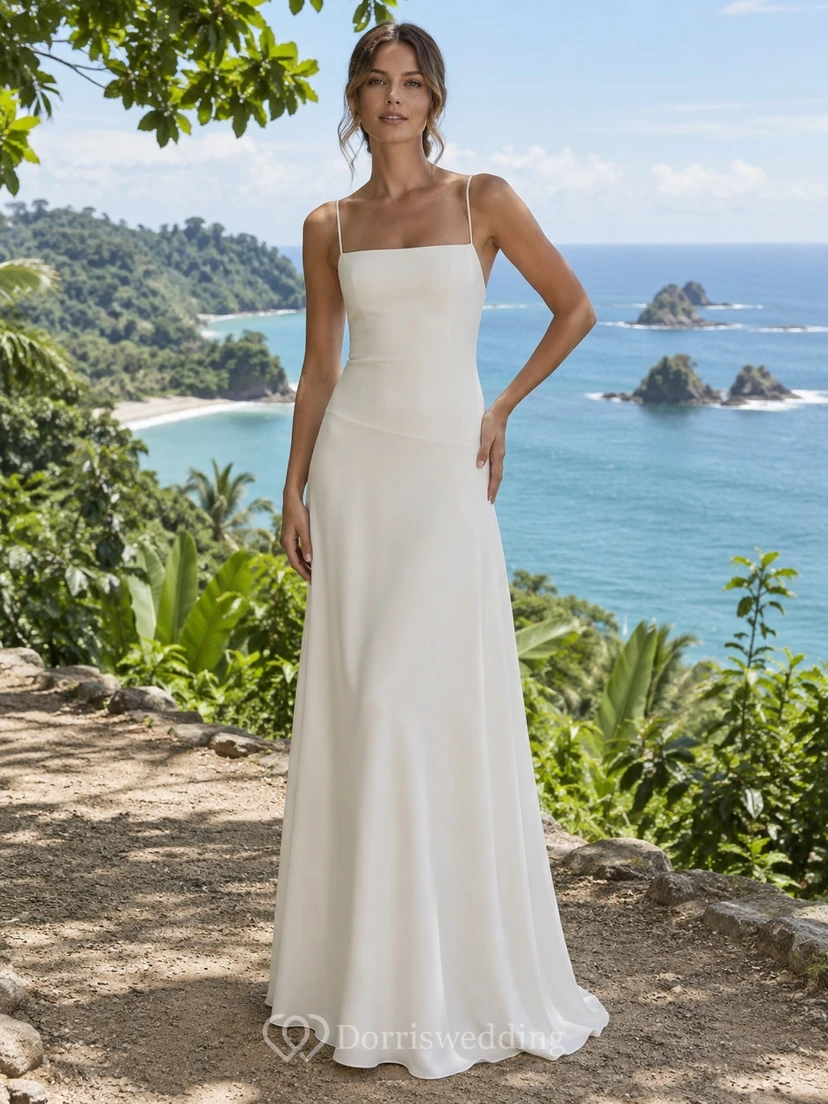 Schlichtes Brautkleid aus Crêpe mit eckigem Ausschnitt, dünnen Trägern und langem Etuirock