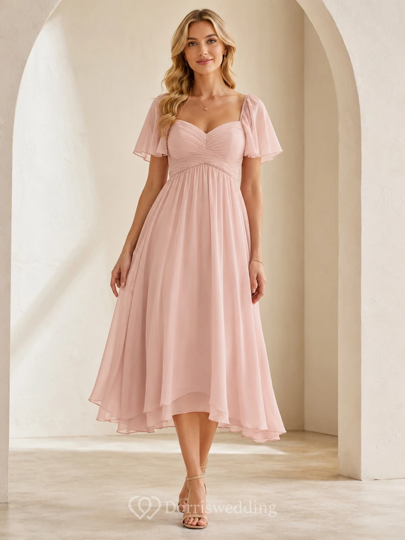 Robe de demoiselle d'honneur romantique en mousseline, longueur thé, col en V, manches courtes, style empire rose poudré