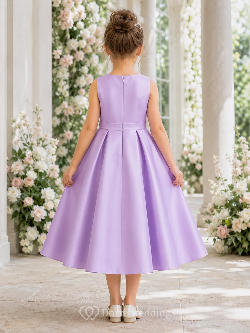 Flower Girl Dress Lavender Satin A-Line Jewel Neck Tea Length Bow Detail view 2