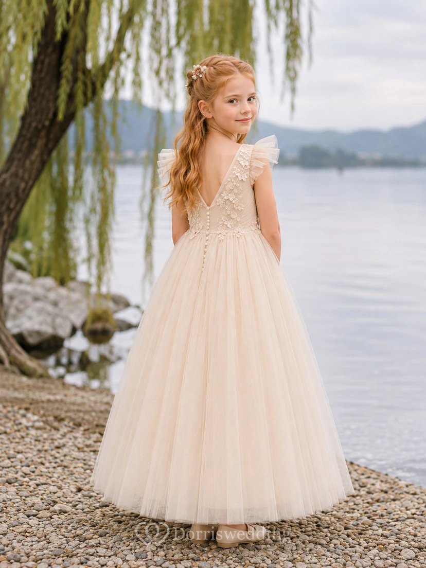 A-Line Flowergirl Lace Tulle Floor-Length Sleeveless Lakeside Wedding Dress with Floral Bodice view 2