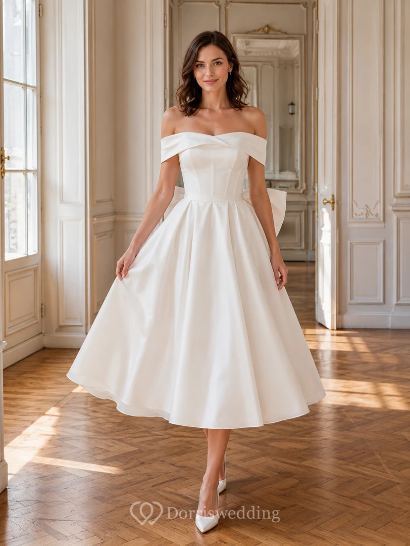 Elegantes schulterfreies Brautkleid aus Satin in A-Linie, Teelänge, mit übergroßer Schleife