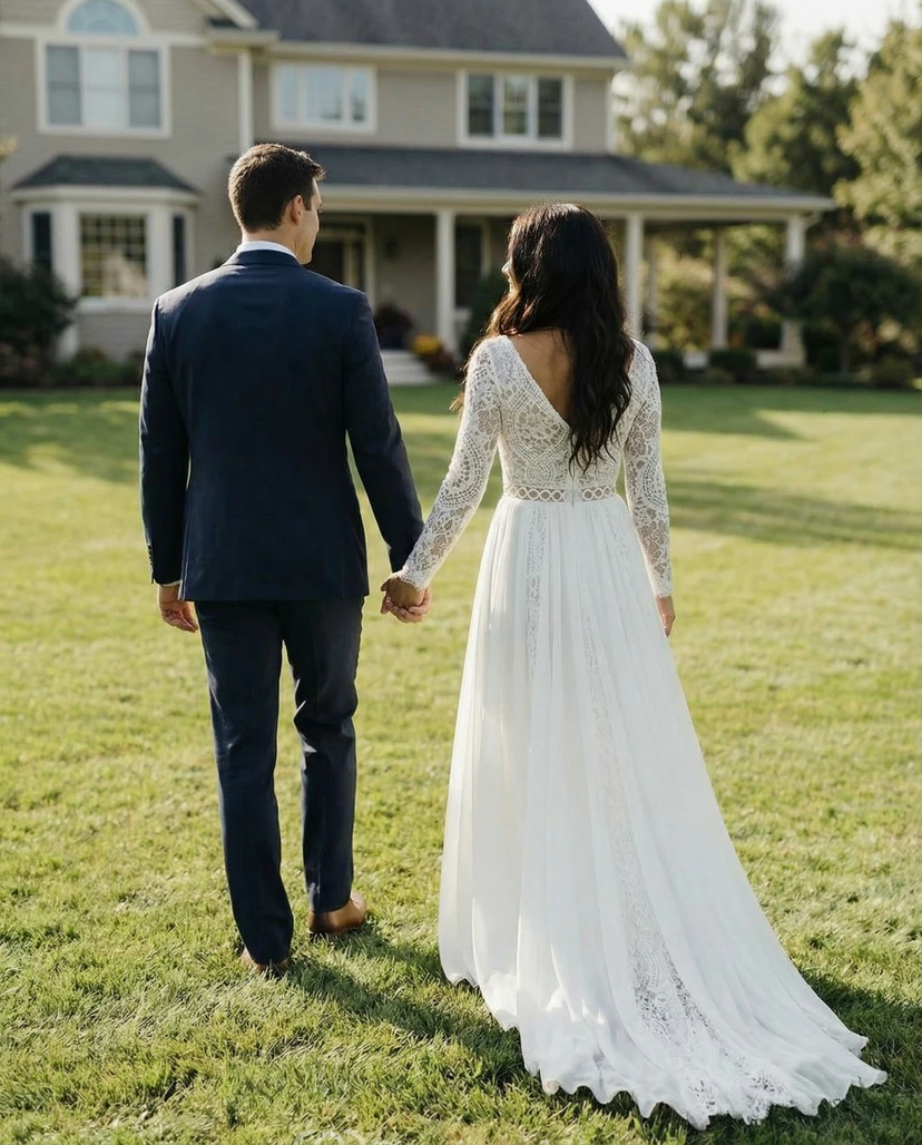 Vestido de novia clásico de encaje con mangas largas y falda de gasa en línea A. view 2