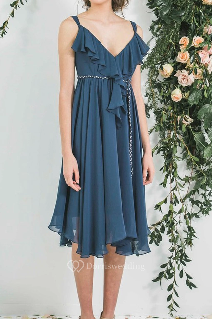 Tea-Length Empire Draped V-Neck Sleeveless Chiffon Bridesmaid Dress view 3