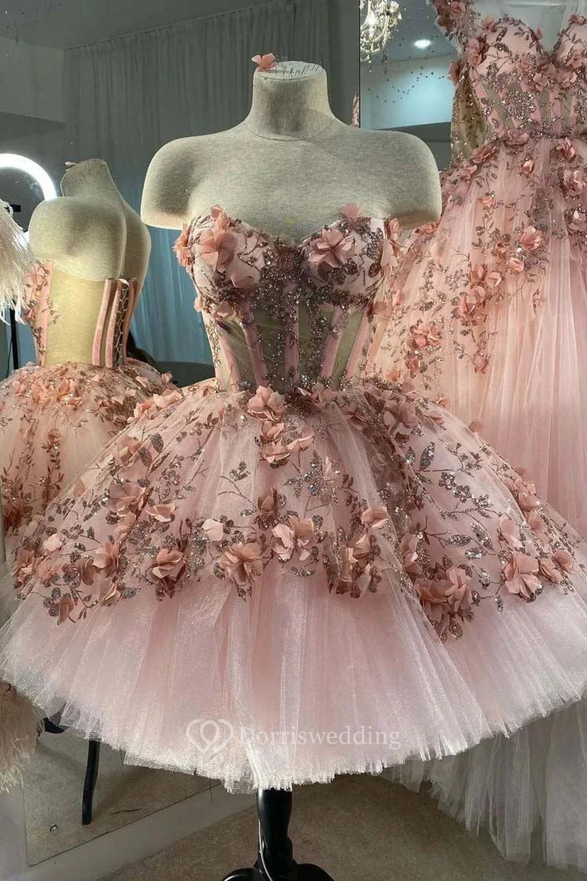 Robe de bal rose brodée, mini-robe view 3