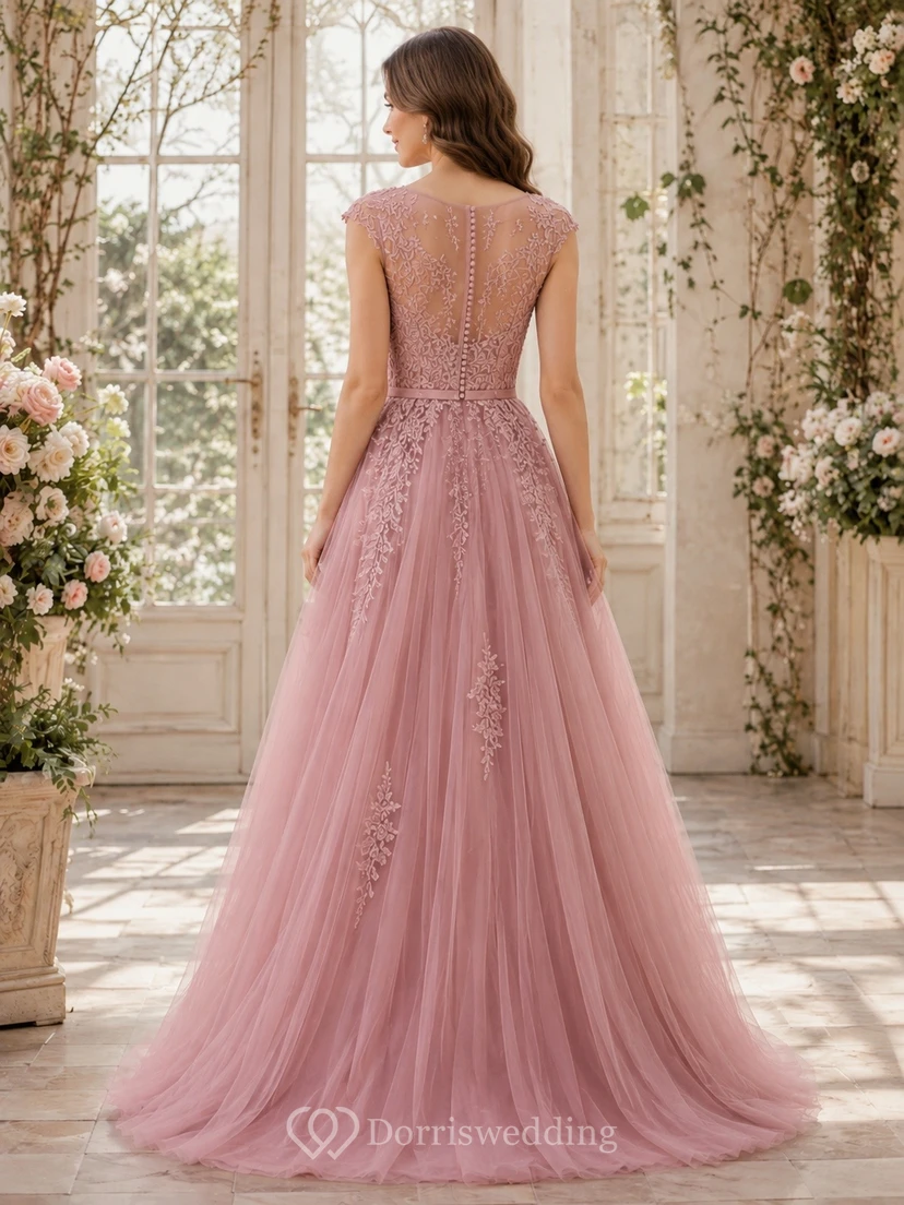 Vestido de gala de manga corta con cuello joya de tul color rosa empolvado view 2