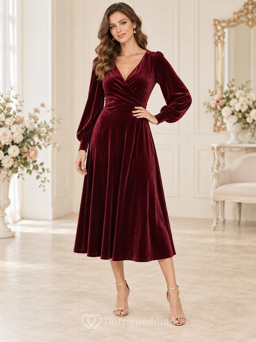 Vestido de invitada de terciopelo burdeos de corte A, largo hasta la rodilla, manga larga, escote en V y mangas abullonadas fruncidas.