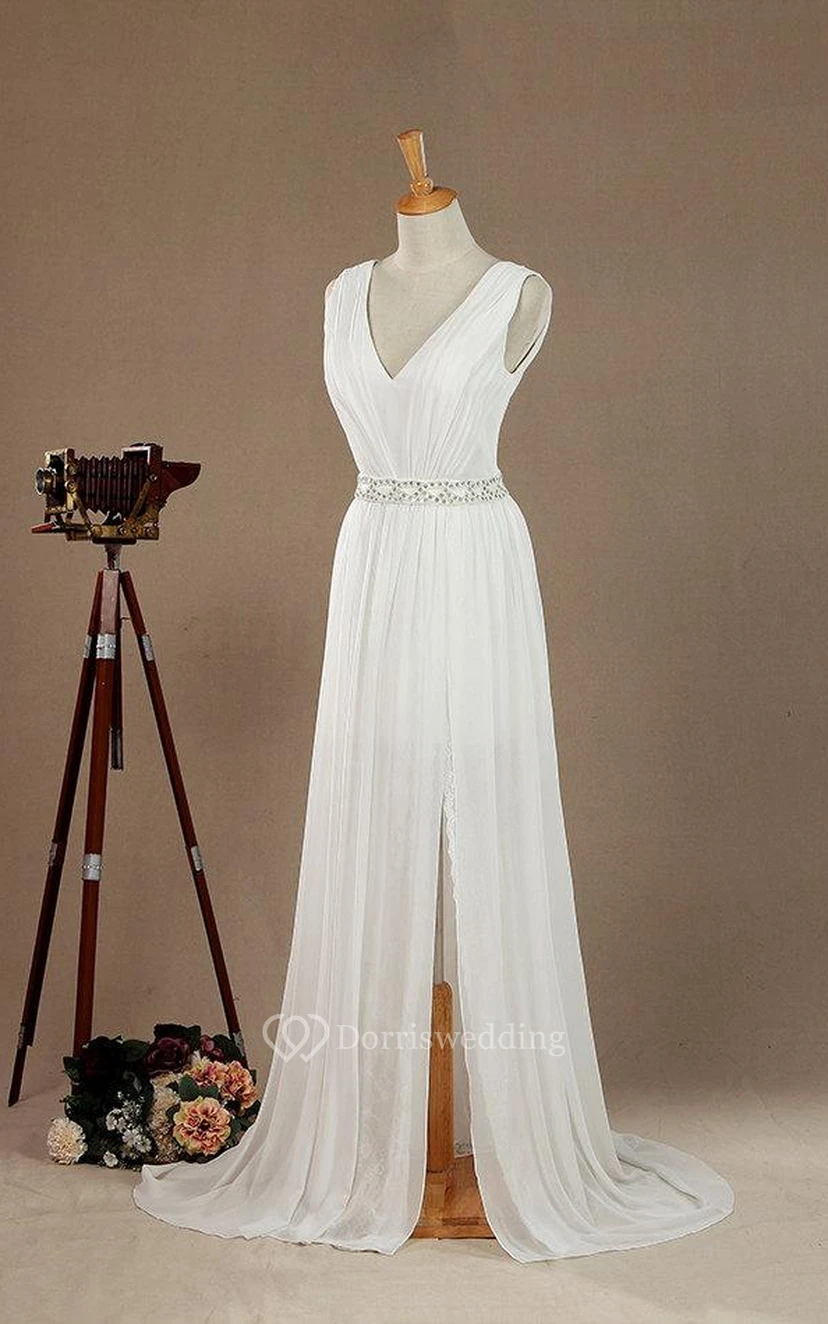 Maxi-Kleid aus Chiffon, Spitze und Satin mit V-Ausschnitt und tiefem V-Ausschnitt am Rücken – ideal für Hochzeit, Eheversprechenserneuerung oder andere Feierlichkeiten. view 3