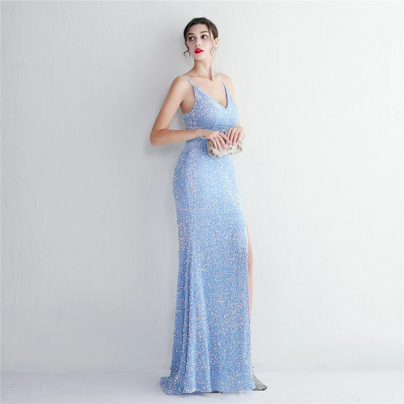 Paillettenbesetztes Abendkleid mit Samtsaum, langen Trägern und schmaler Silhouette für elegante Bankette view 49
