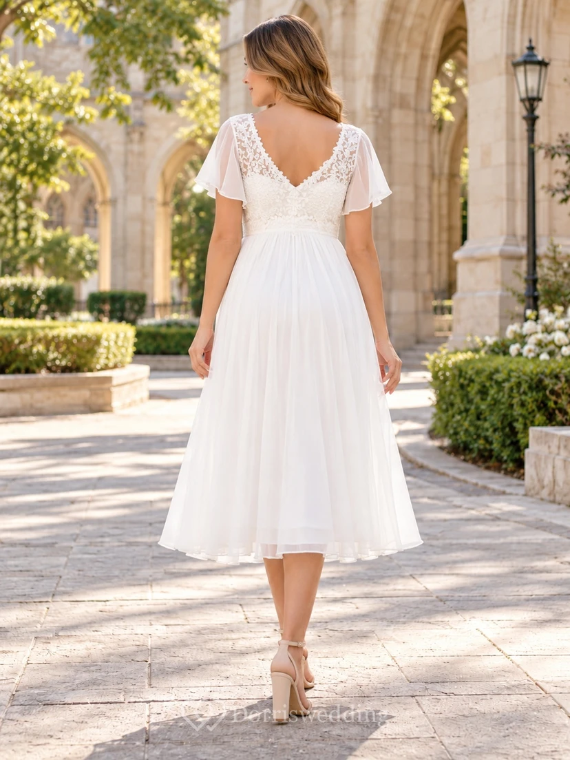 Maternity White Sweetheart Flutter Sleeve Lace Chiffon Graduation Dress view 2