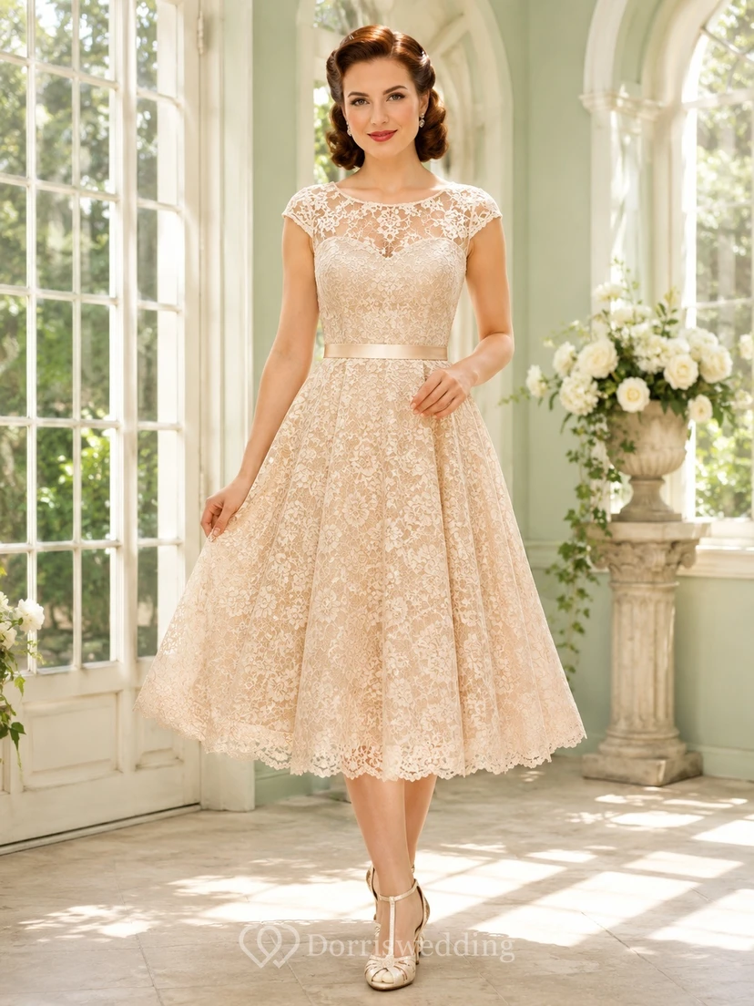 Vintage-Kleid aus cremefarbenem Chiffon mit Rundhalsausschnitt, kurzen Ärmeln und Spitze, A-Linien-Schnitt, Teelänge