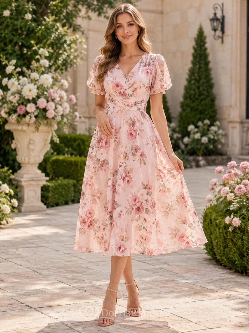 Robe midi trapèze à col V et manches bouffantes rose à fleurs