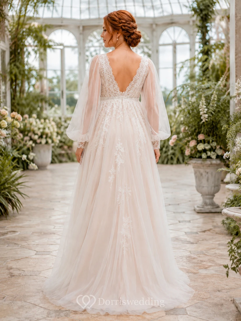 Boho Maternity V Neck Long Bell Lace Sleeve Empire Wedding Gown view 2