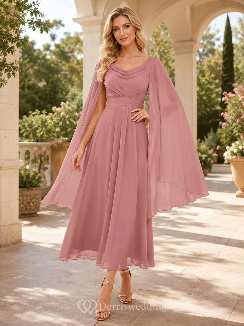 Midikleid aus Chiffon mit Cape-Ärmeln in Altrosa