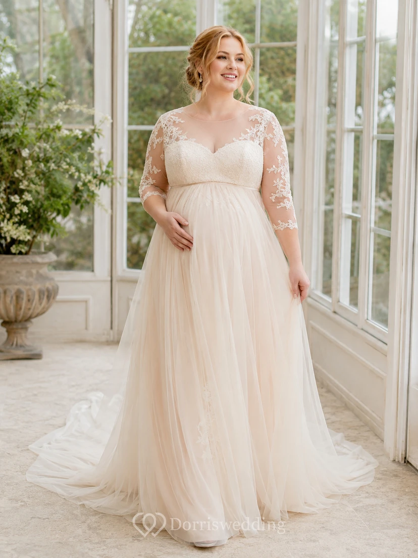 Robe de mariée empire élégante en tulle, col rond et manches trois-quarts en dentelle, grande taille, pour maternité.