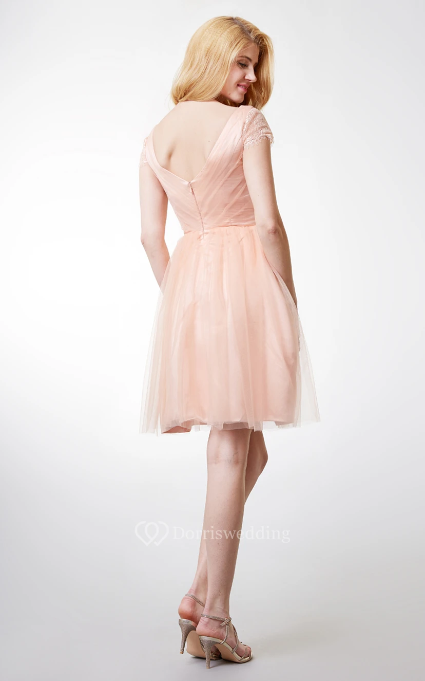 Lace Short Sleeve Pleated Tulle Dress With Satin Belt view 4