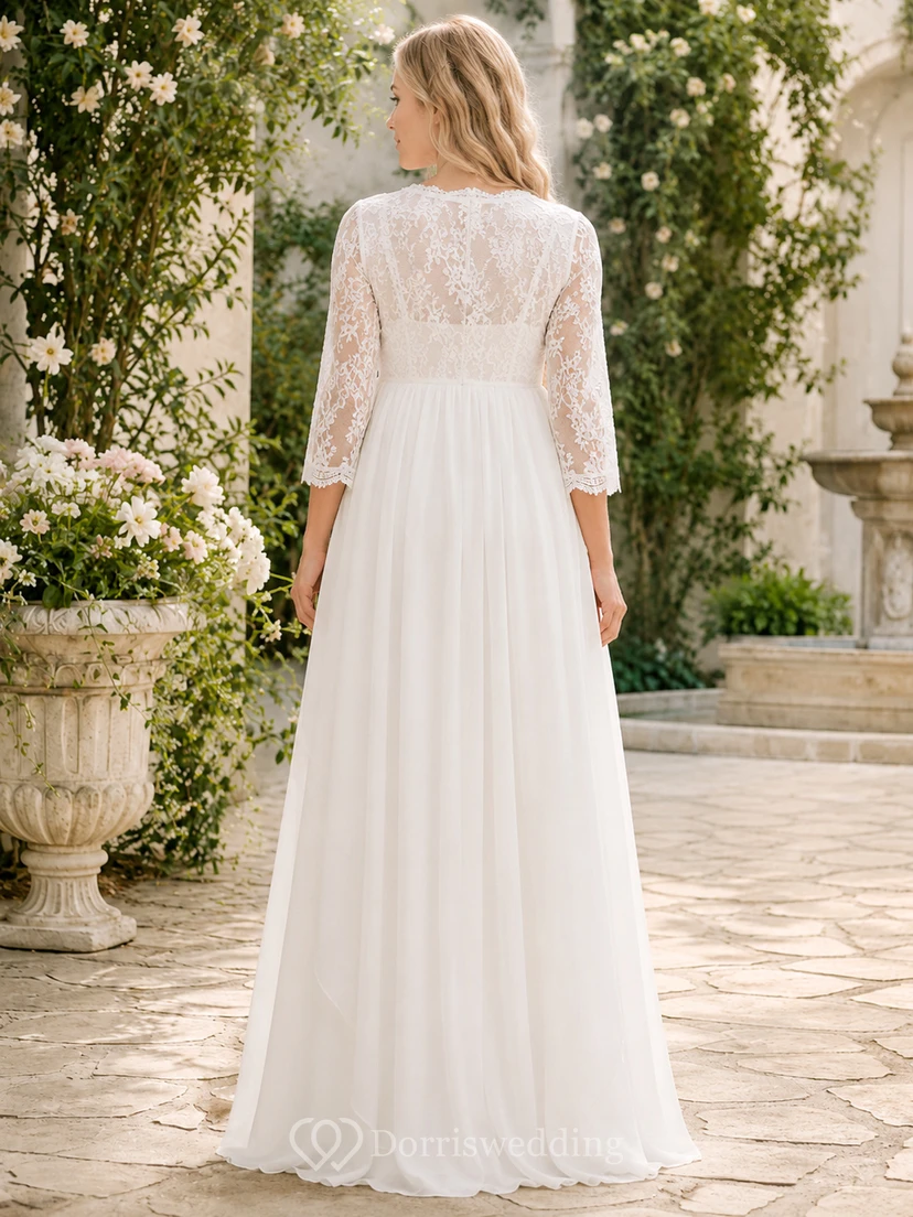 Robe de mariée/maternité romantique en mousseline, style empire, longue jusqu'au sol, col en V et manches trois-quarts, style Tender Garden Empire view 2