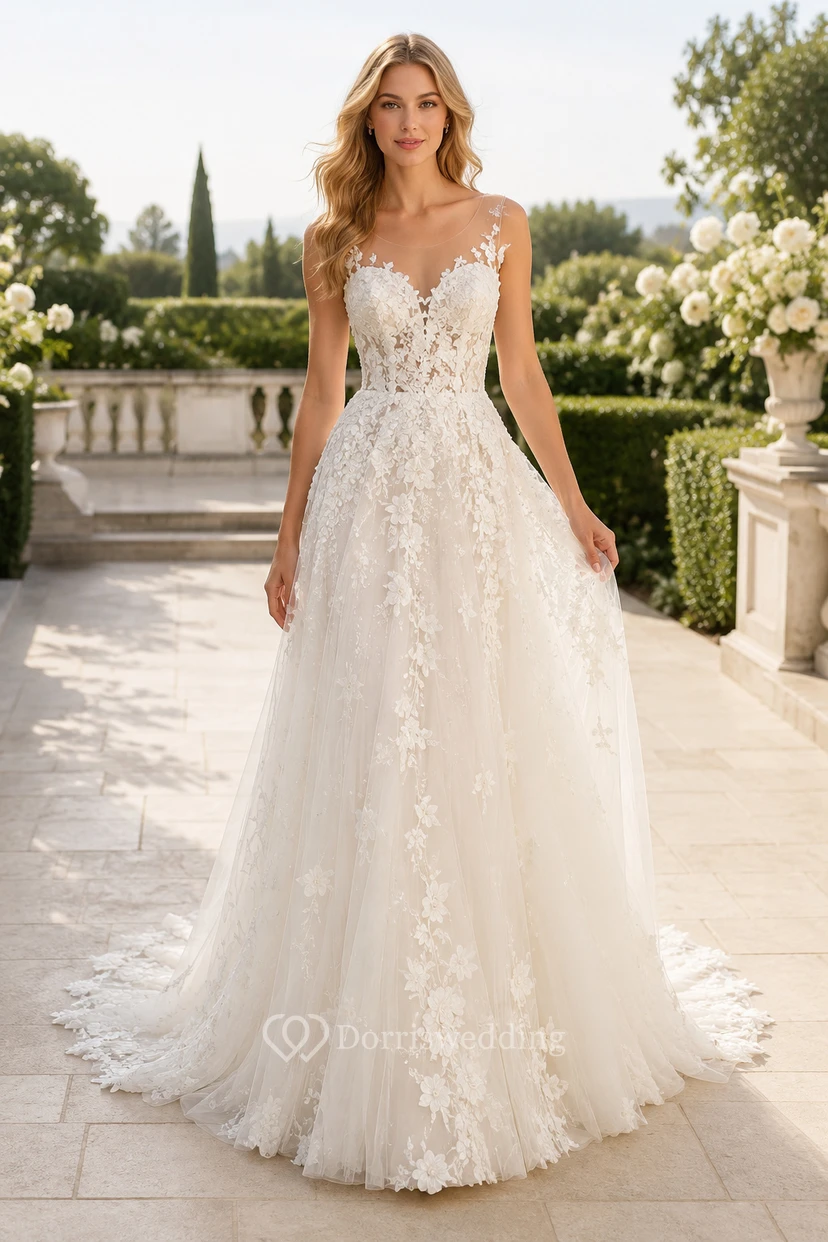 Vestido de novia de corte A con tirantes finos, apliques y cola de capilla.