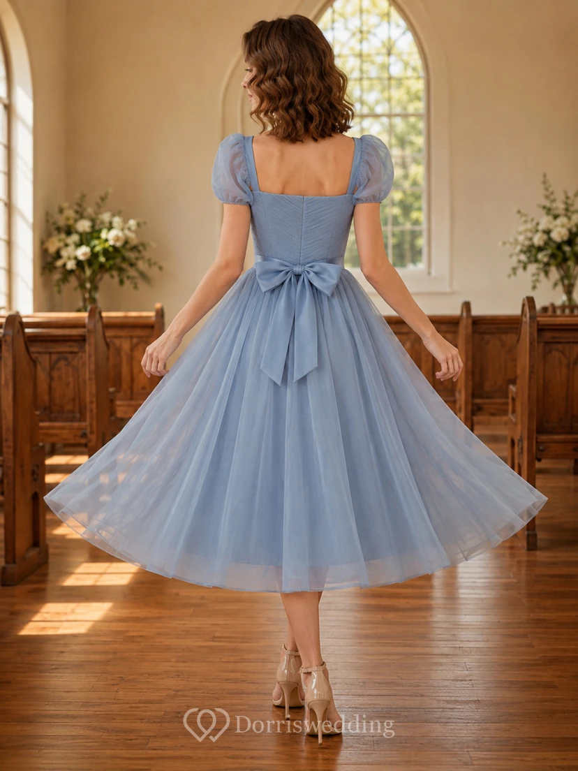 Blaues Tüllkleid mit Puffärmeln, Schleife in der Taille und Blumenmädchenkleid view 2
