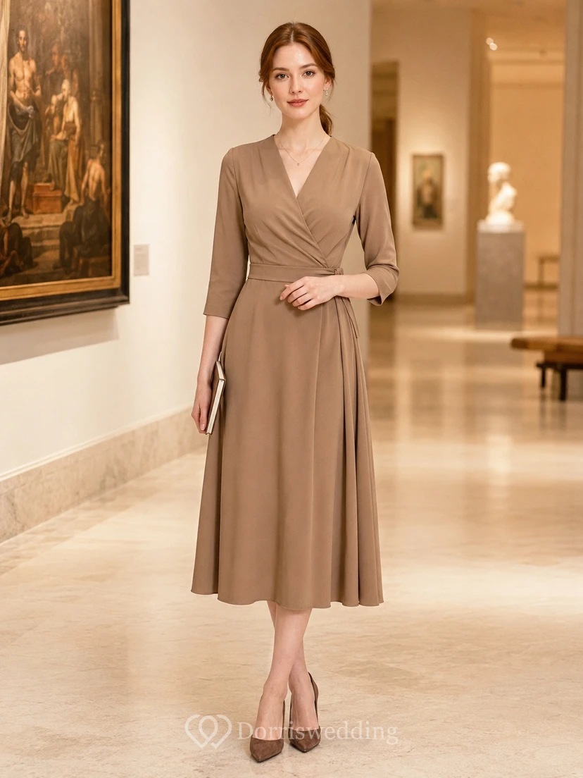 Mocha V-neck wrap three quarter museum lecture dress