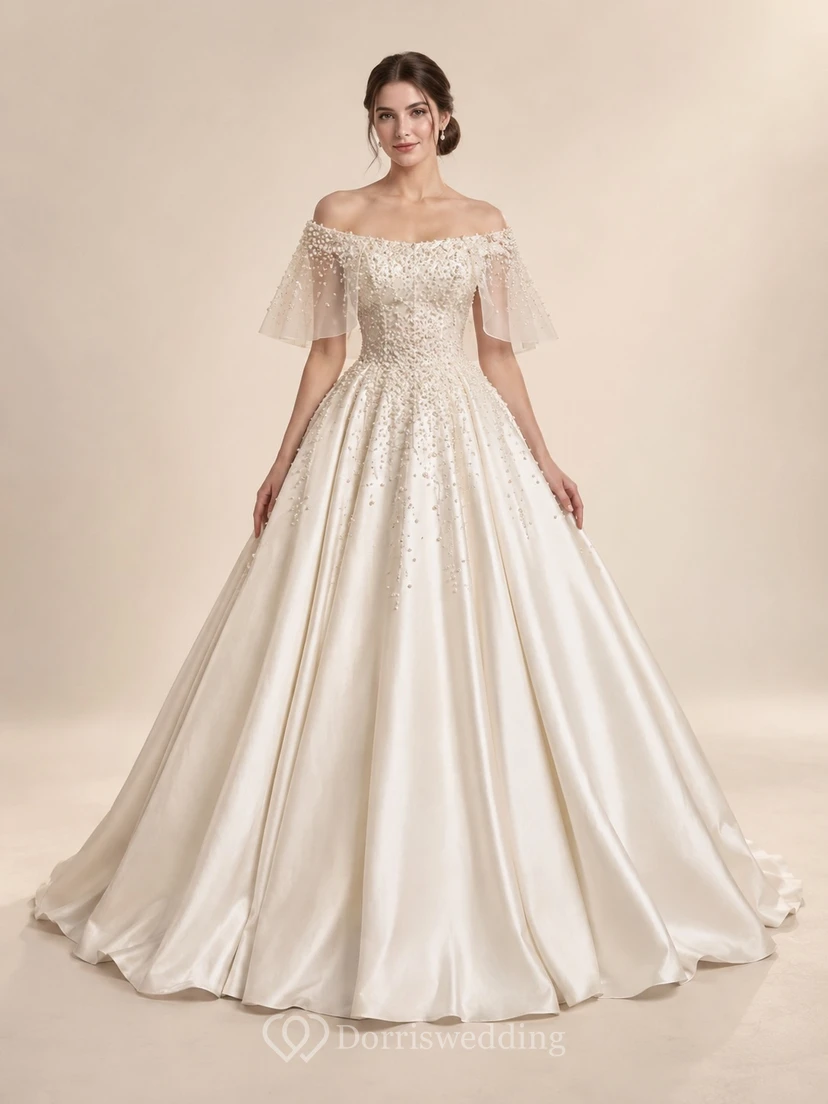 schulterfreies, perlenbesticktes Satin-Ballkleid mit Kapellenschleppe – ein luxuriöses Brautkleid