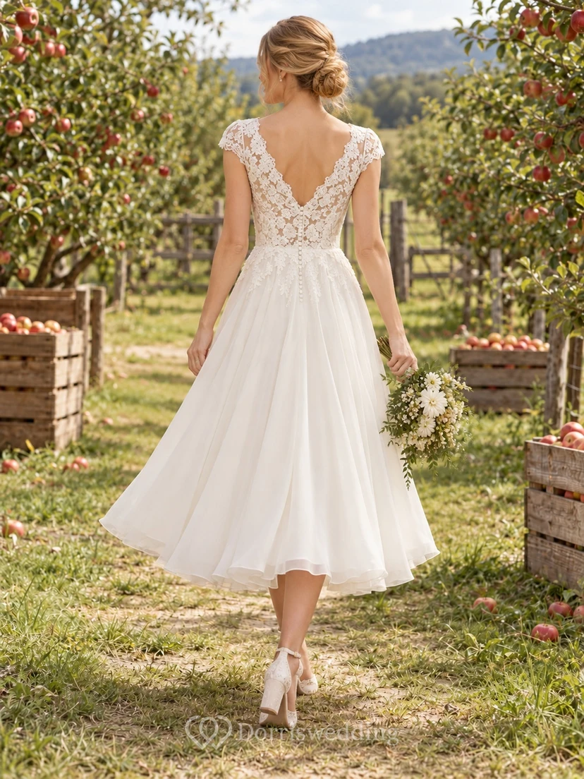 Tea-length Country V-neck Cap Sleeve Lace Chiffon A-line Wedding Dress view 2