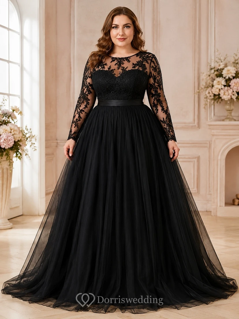 Plus Size Black Long Sleeve Lace Tulle Ball Gown Floor-Length Formal Dress
