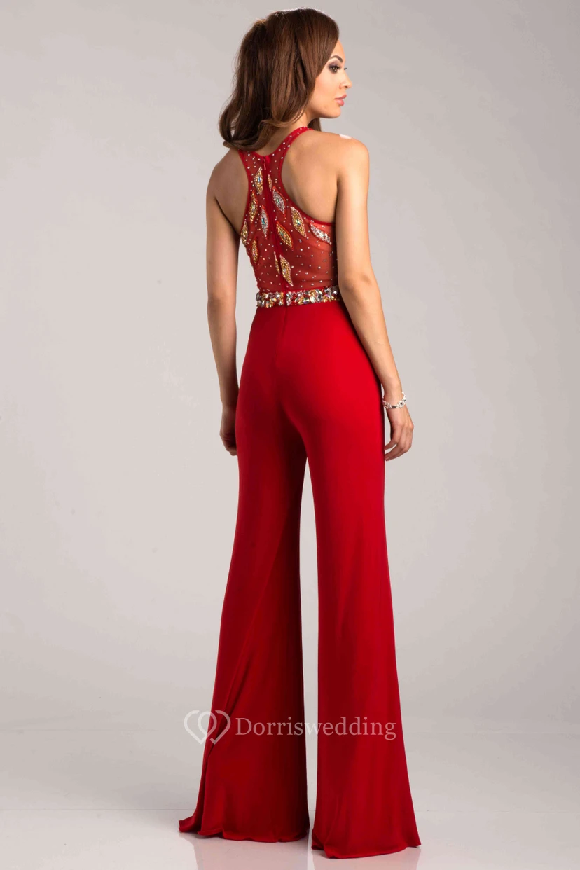 Sleeveless Jewel Neck Beaded Bodice Prom Dress With Wide Leg Pant view 2