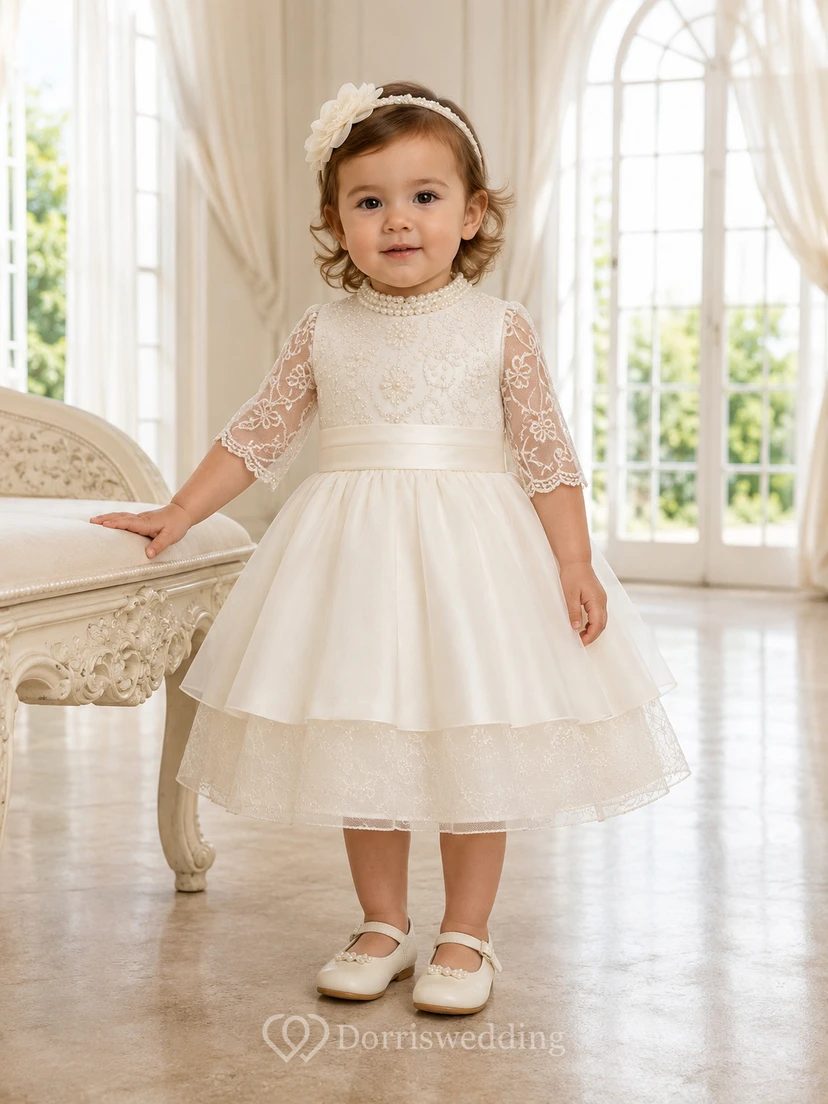 Robe de baptême Pearl, coupe trapèze, tulle et dentelle, col rond, manches longues, longueur thé