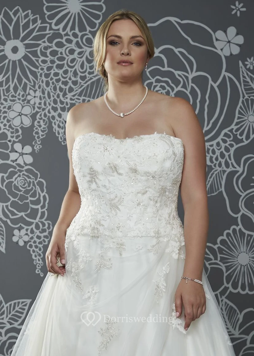 A-Line Floor-Length Strapless Sleeveless Satin Court Train Lace-Up Back Appliques Dress view 3
