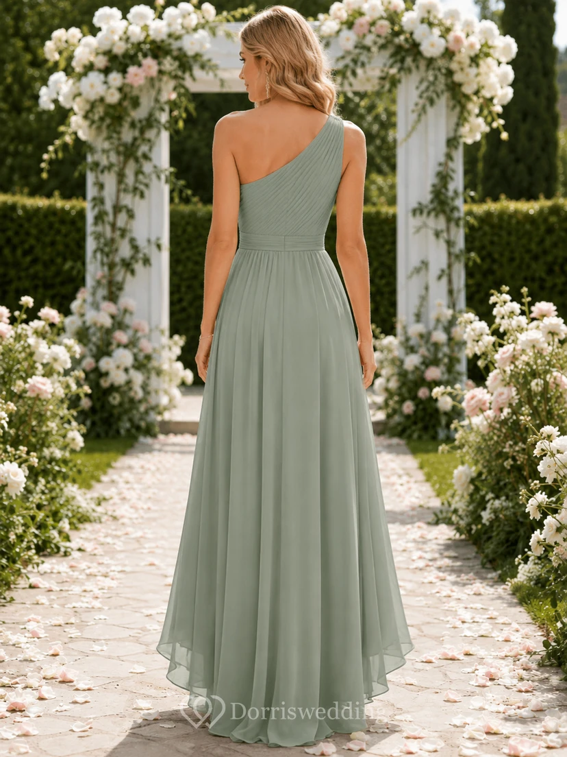 Sage one shoulder pleated chiffon high low bridesmaid dress view 2