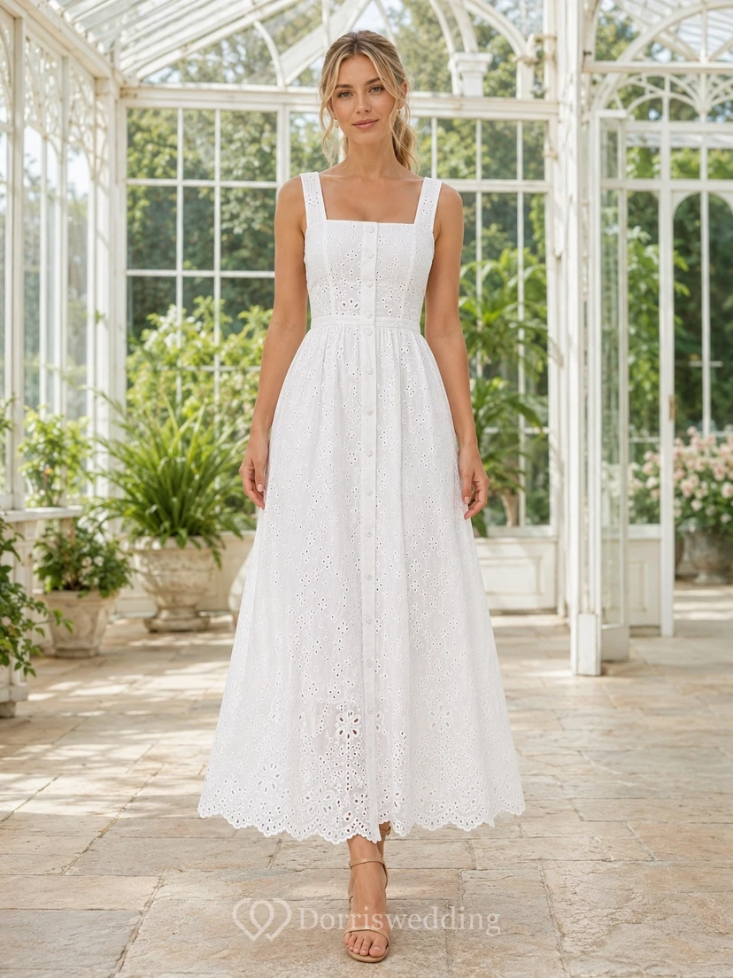 White Square Neck Straps Eyelet Lace A-Line Ankle-Length Simple Summer Guest Dress