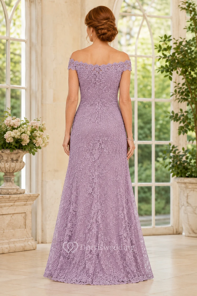 Lavendelfarbenes schulterfreies Meerjungfrauen-Kleid aus Spitze für Mütter view 2