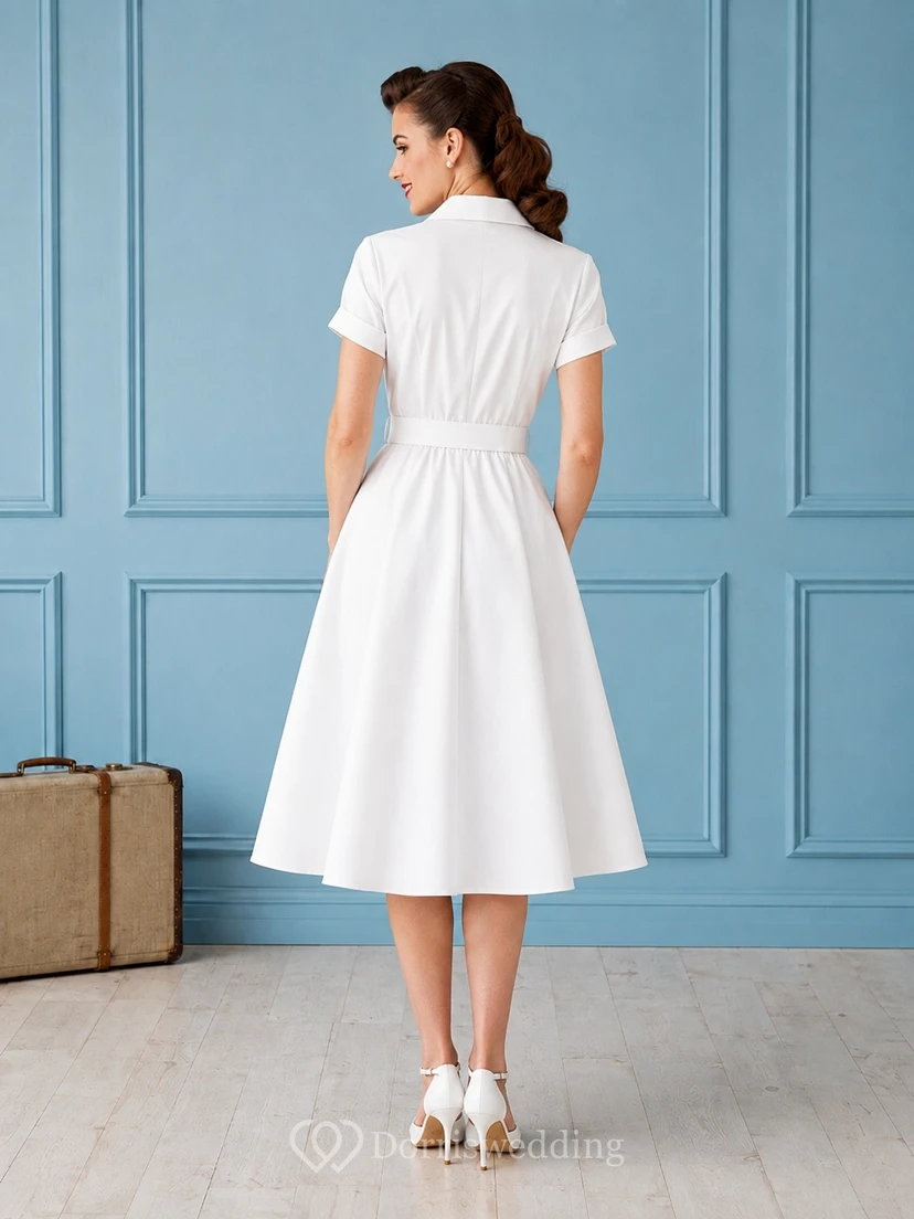 White Notched Short Sleeve Vintage Shirt Dress Classic view 2