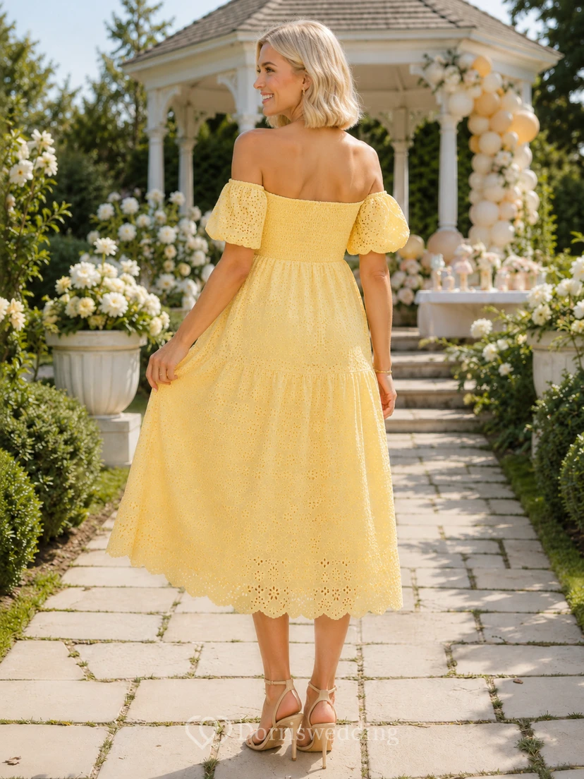 Robe de maternité Daffodil, épaules dénudées, manches bouffantes, dentelle ajourée, longueur thé, style jardin view 2
