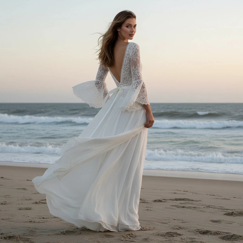 Deep V-Neck Flowy Beach Wedding Dress with Half Sleeves view 2