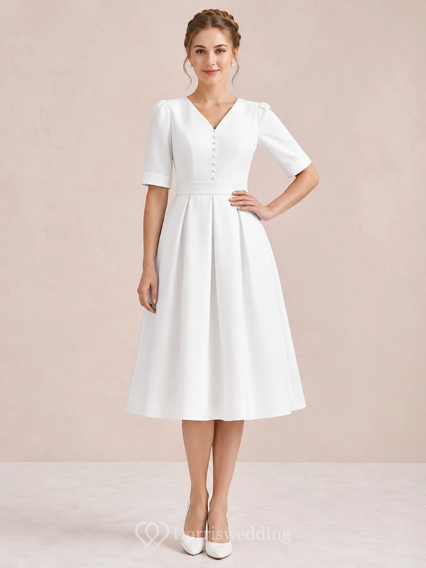 White V-Neck Short-Sleeve A-Line Tea-Length Modest Formal Dress